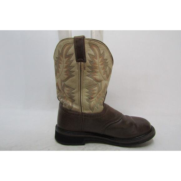 Justin Work Boot Mens Sz 11 D Two Tone Brown Leather Cowboy Stockman Work Boots - Picture 4 of 11